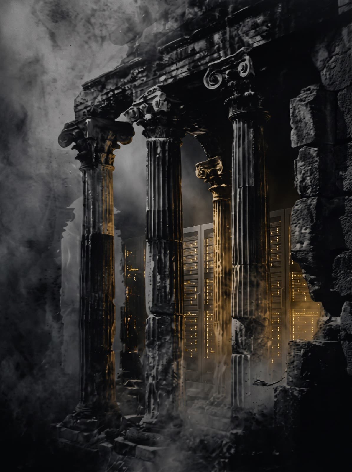 A marble colonnade dissolving into a misty data centre
