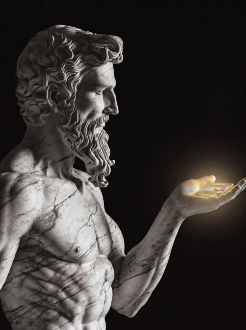 Marble statue holding a glowing gold silicon chip